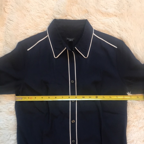 Ann Taylor navy and white silky button down blouse - Picture 5 of 8